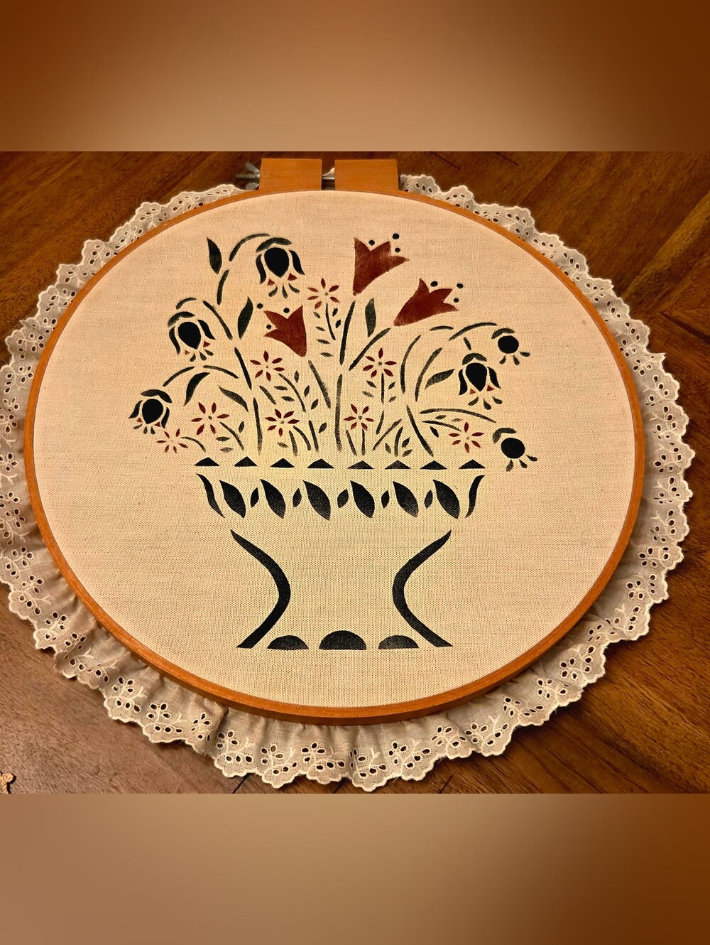 Vintage Folk Art Floral Hoop Wall Hanging Pennsylvania Dutch Style Eyelet Lace